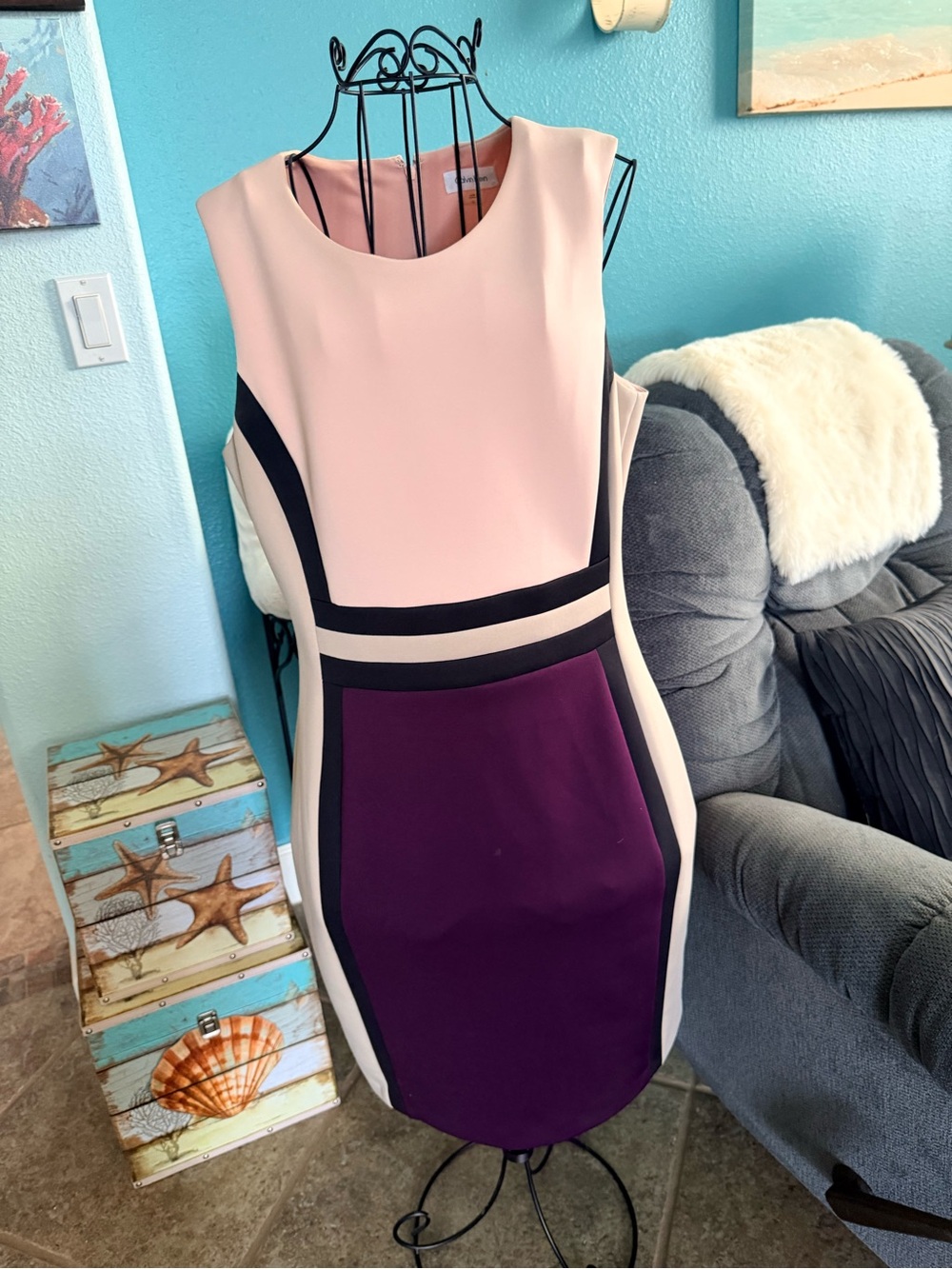 Calvin Klein Blush, Black & Purple Colorblock Midi Dress